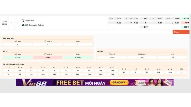 Bảng tỷ lệ kèo Serie A hiển thị nhiều loại kèo giúp người xem phân tích trận đấu